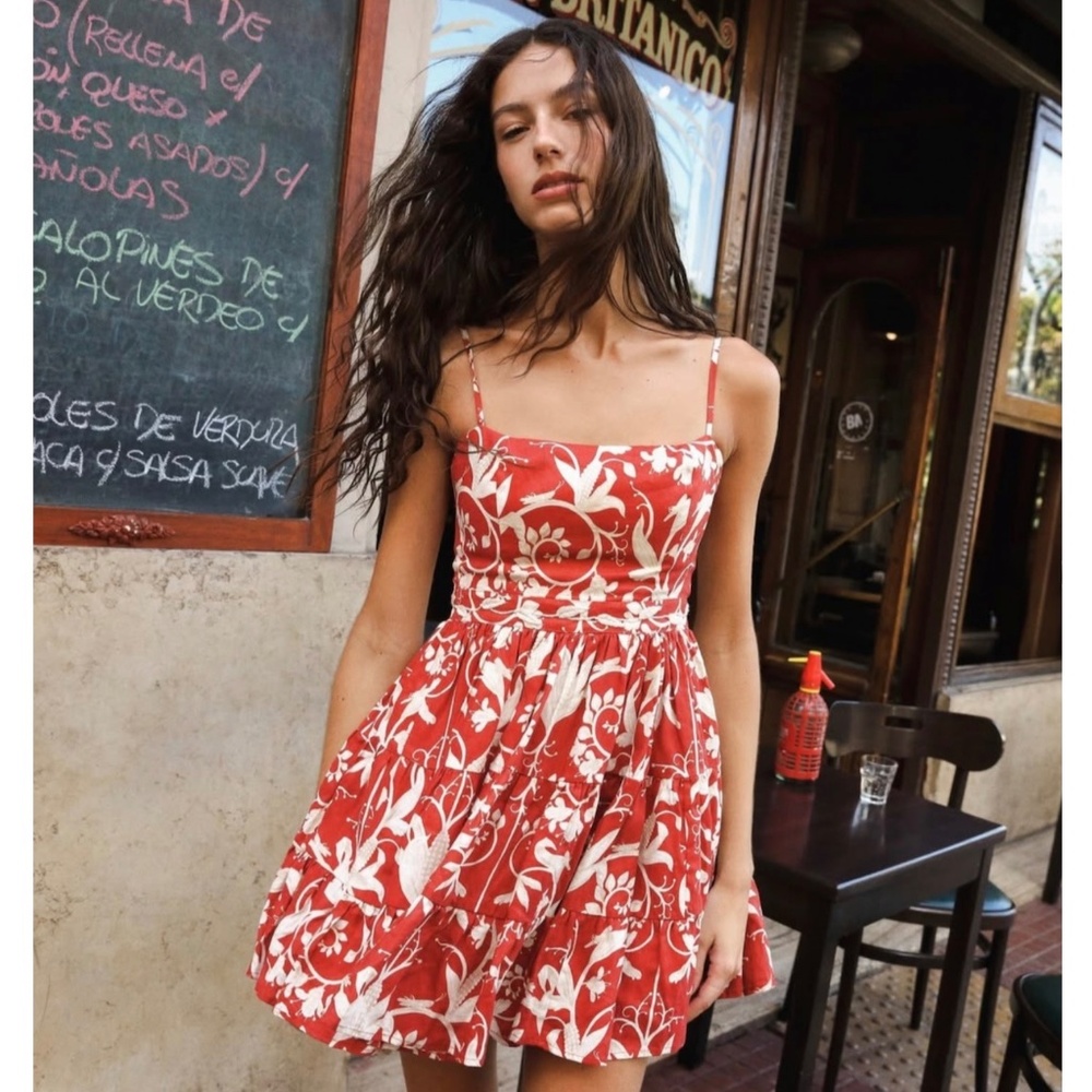 Agua by Agua Bendita Alma Lima Red & Cream Embroidered Linen Mini Dress …